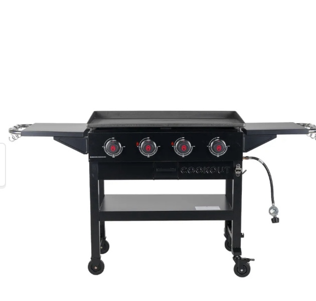 The Coleman stainless steel burner is featured on the Coleman Cookout 4-Burner Propane Gas Griddle