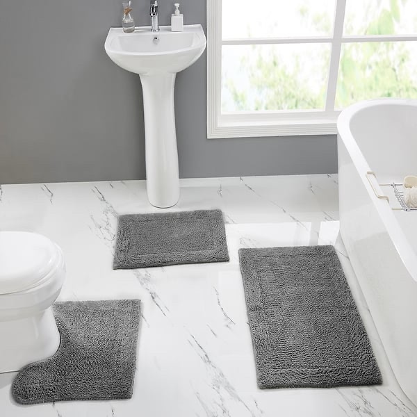 Better Trends Bath Rugs 100% Cotton Soft Water Absorbent Chenille Bathroom Rug for Shower, Sink Mats Edge Collection - 3 Piece Set (17" x 24" | 20" x 20" | 21" x 34") - Gray