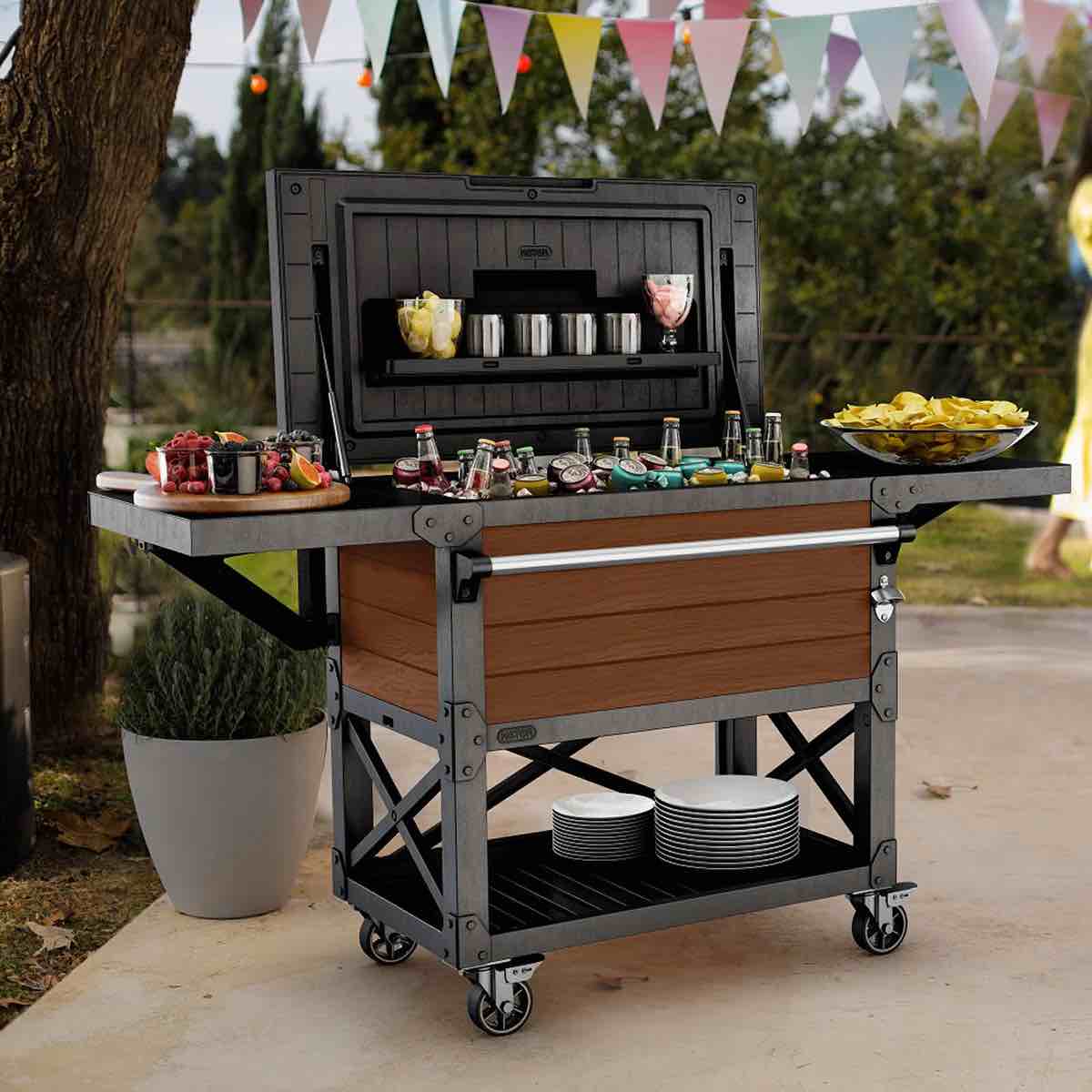 Keter Rolling Ice Cooler Cart, Outdoor Party Beverage Stand w/Wheels, 89.8 Qt, brown