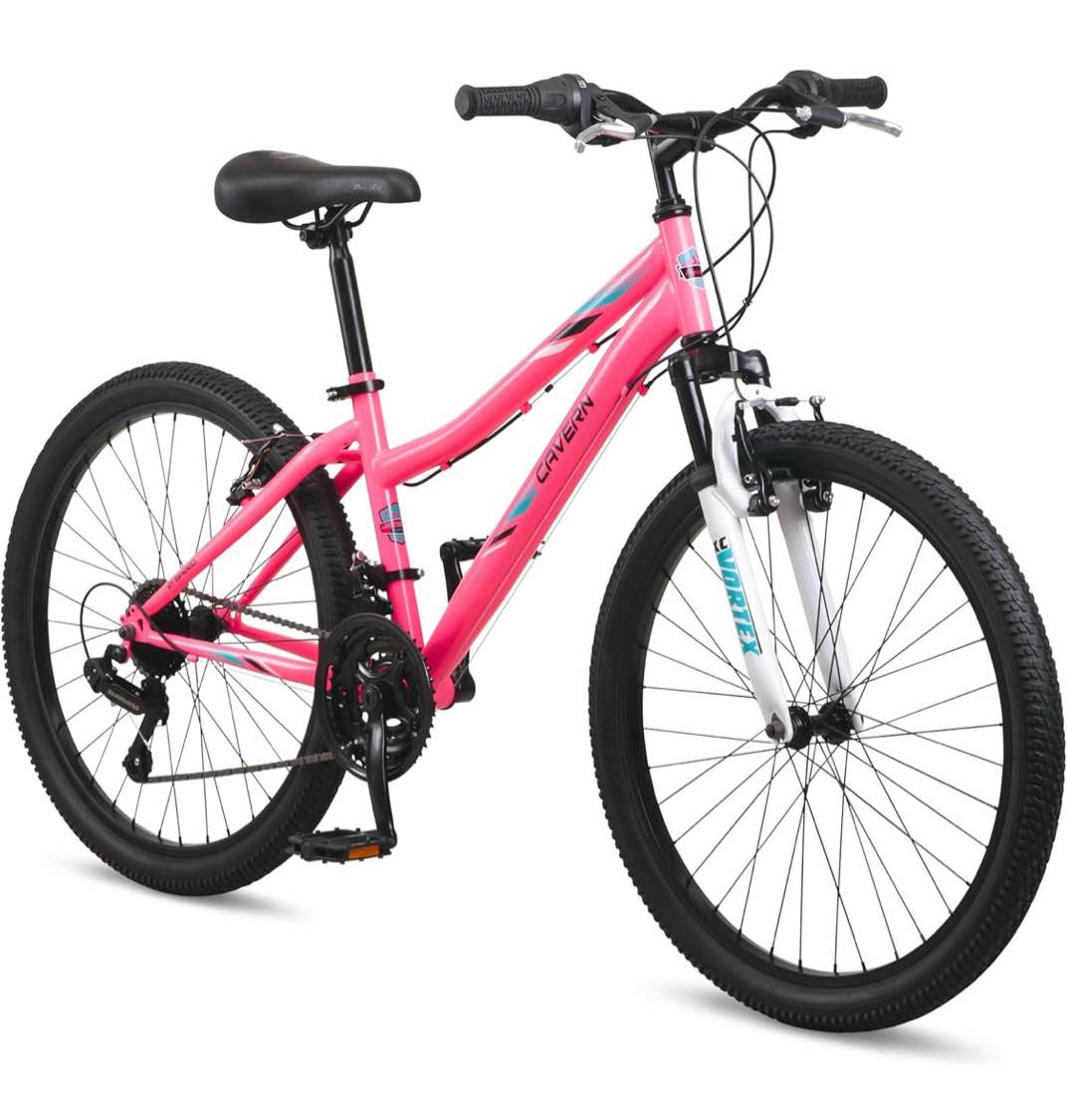 Cavern Mountain Bike for Youth or Adult Boys Girls, 7 or 21-Speed Twist Shifter Options, 20/24/26-Inch Wheels, 11 to 17.5-Inch Steel Frame, Front Suspension, Kickstand Included
