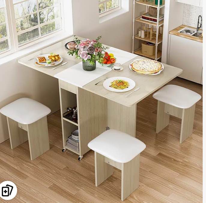 Folding Dining Table Set for 4, Dinner Table with  Shelves, Space Saving Foldable Dining Table
