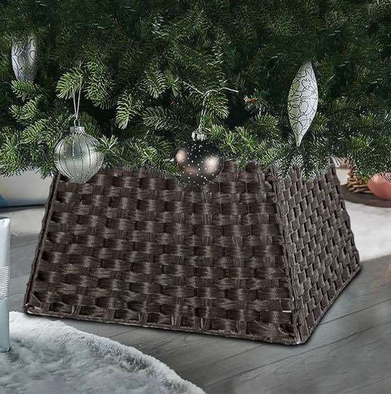 30in Christmas Tree Collar - Rattan Square Handwoven Disassemble Brown Wicker Rustic Metal Frame for Pencil Tree