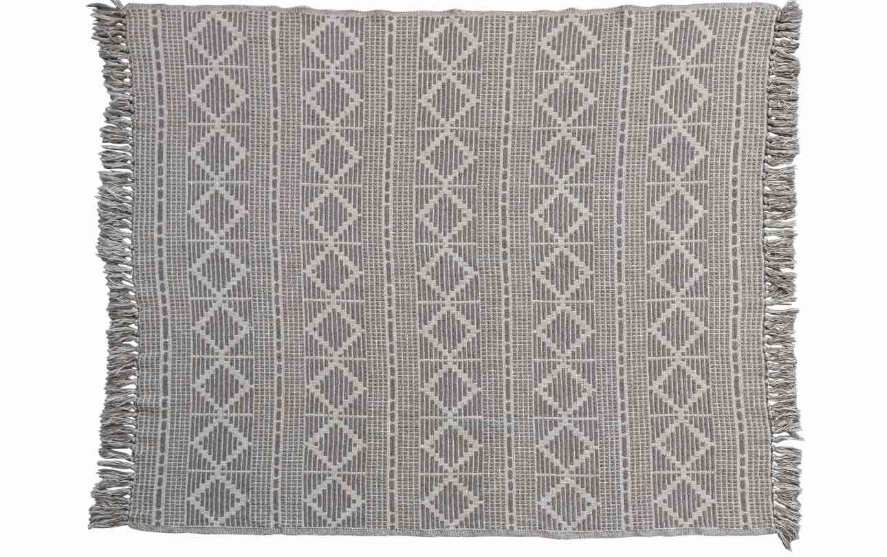 Bloomingville Soft Reclaimed Cotton Jacquard Throw Blanket with Fringe, Grey
