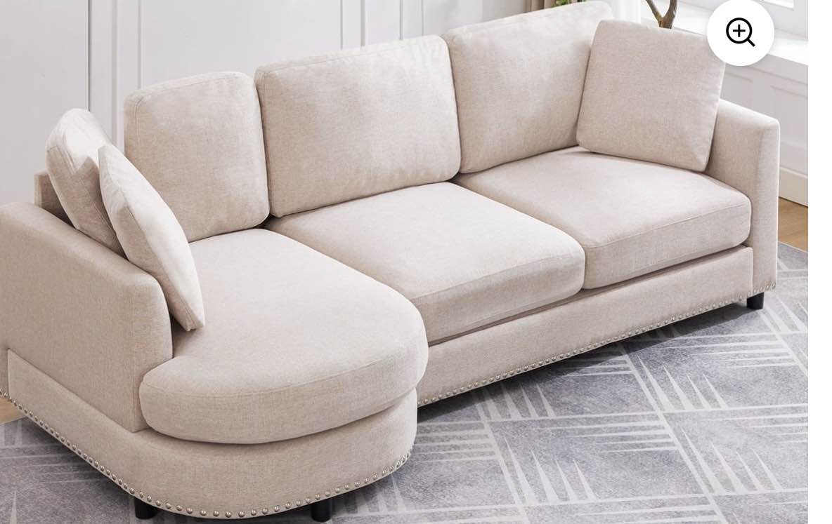 ZAFLY 3 Seater Sofa Couch, L Shaped Couch with Chaise, Curved Couches for Living Room - Beige