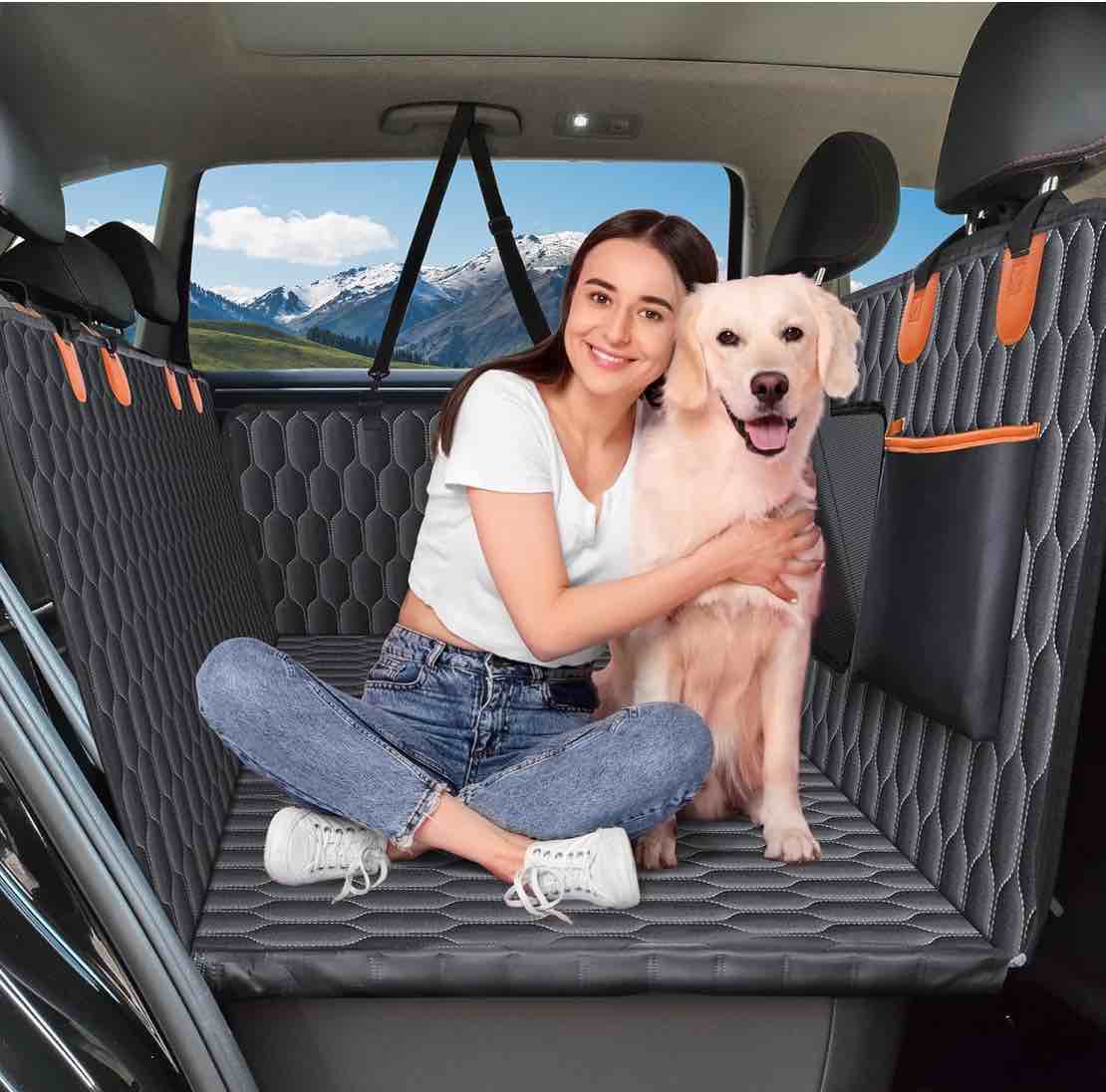 Back Seat Extender for Dogs-Supports 400lb,Waterproof Dog Car Seat Cover Hard Bottom-Detachable,600D Heavy Duty Scratch Proof Nonslip Soft,Dog Hammock for Car,SUVs