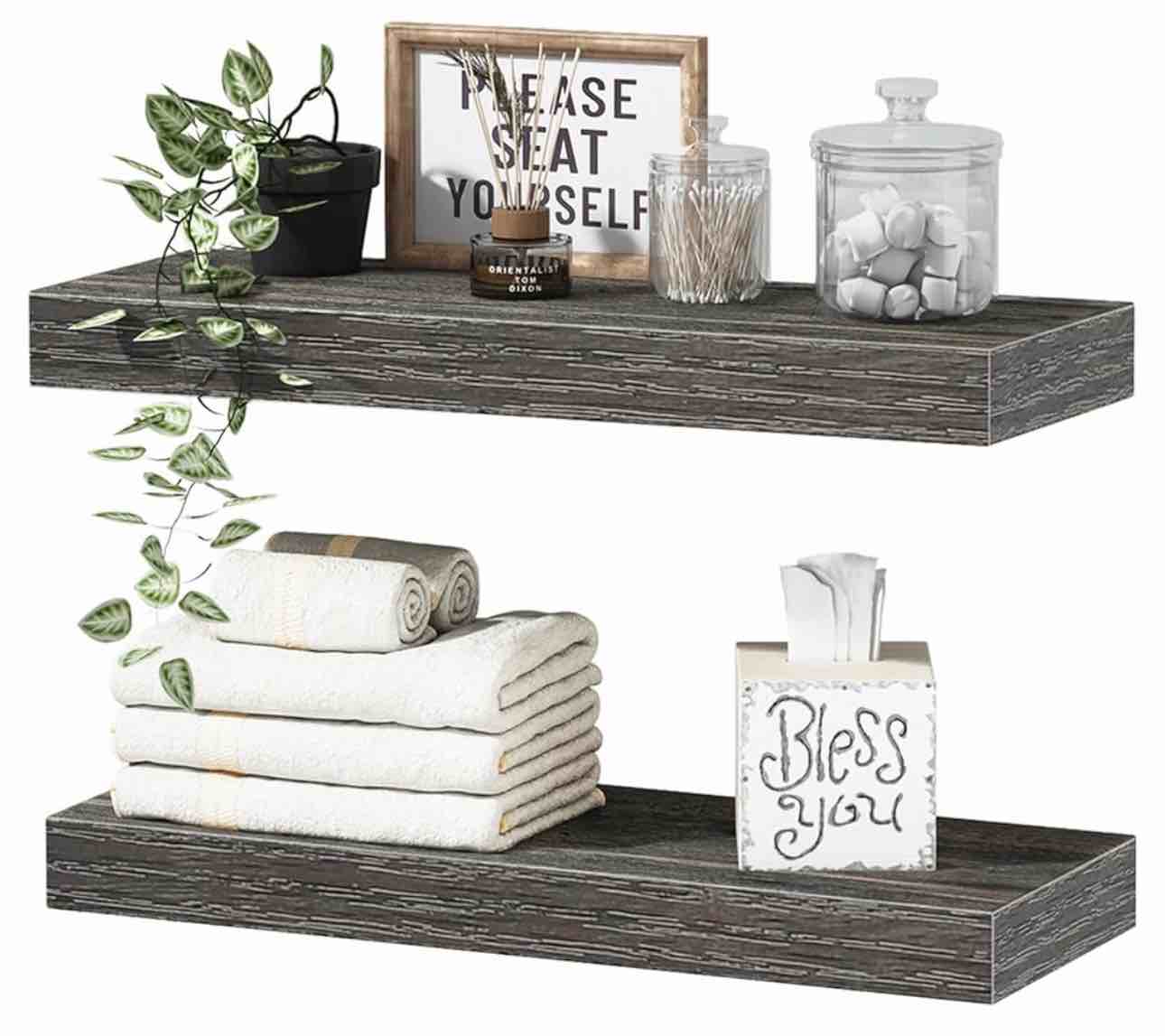 QEEIG Grey Bathroom Floating Shelves for Wall Shelf Over Toilet Wall Mounted Farmhouse Small 16 inch Set of 2 (008-40GY)