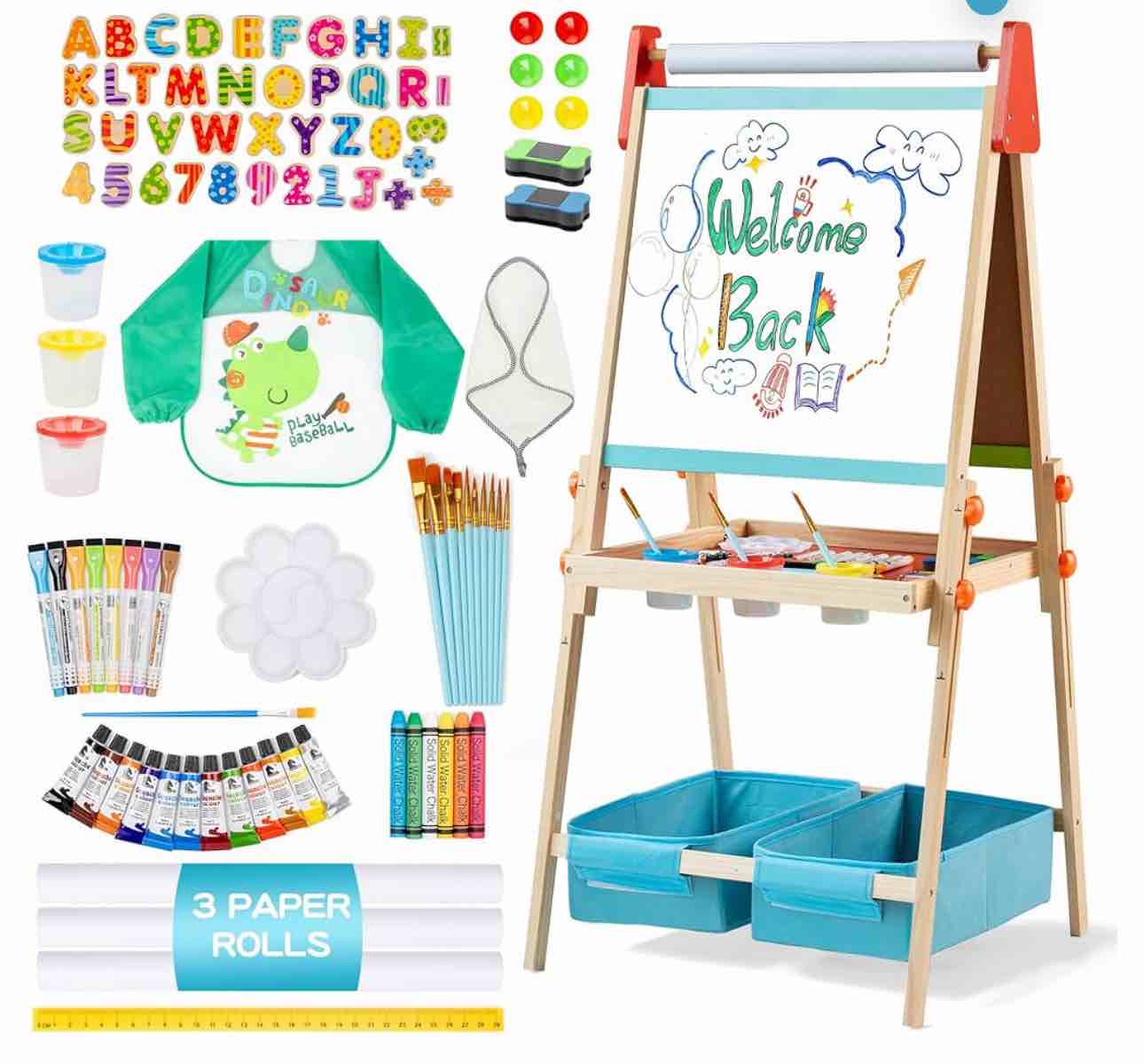 3 in 1 Adjustable Kids Art Drawing Easel Set-Sided Magnetic Whiteboard & Chalkboard with Painting Paper Roll - Versatile Art Station Gift for Toddlers, Kids and Childrens Ages 3+