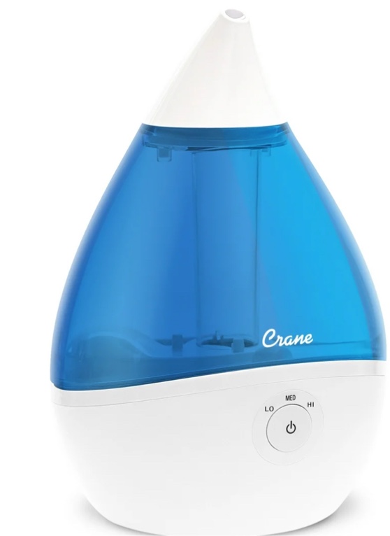 Crane Droplet Ultrasonic Cool Mist Humidifier, 0.5 Gallon, 15 Hour Run Time, Optional Vapor Tray, 250 Sq. Ft. Coverage, Blue/White
