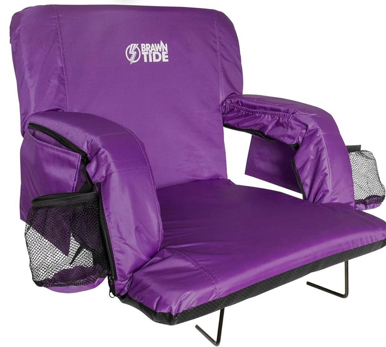 BRAWNTIDE Stadium Seat with Back Support - Comfy Cushion, Thick Padding, 2 Steel Bleacher Hooks, 4 Pockets, 2 Cup Holders, Reclining Back, Ideal Chair for Sport Events, Beaches, Camping, Concerts