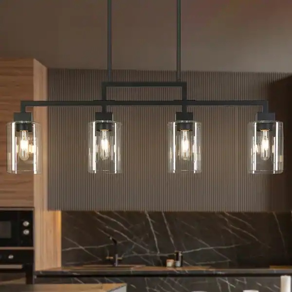 Mid-Century Modern 4-Light Black Chandelier Glass Island Lights for Dining Room - L 34.4" * D 4.3" * H 12"