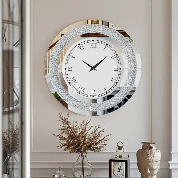 Contemporary Round Glass Wall Clock Crystal Diamond Inlay