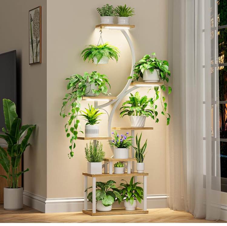 Plant Stand Indoor with Grow Lights, 8 Tiered Indoor Plant Shelf, 62" Tall Plant Stand for Indoor Plants Multiple, Metal Plant Flower Holder Stand, S-Shaped Plant Rack for Home, Patio (White)