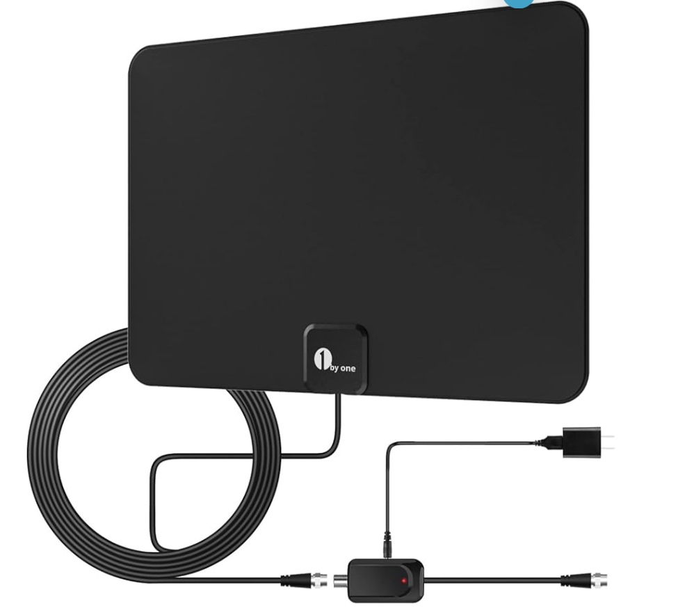1byone Amplified HD Digital TV Antenna - Support 4K 1080p and All Older TV's - Indoor Smart Switch Amplifier Signal Booster - Coax HDTV Cable/AC Adapter (Black)