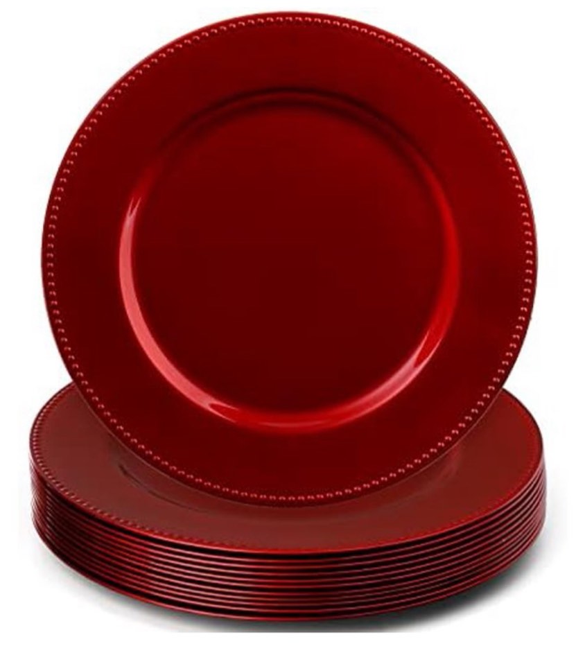 12 Pack Plastic Round Charger Plates, 13" Red Beaded Charger Plates Decorative Dinner Chargers, Embossed Charger Serving Plates for Wedding, Catering Event, Tabletop Decor