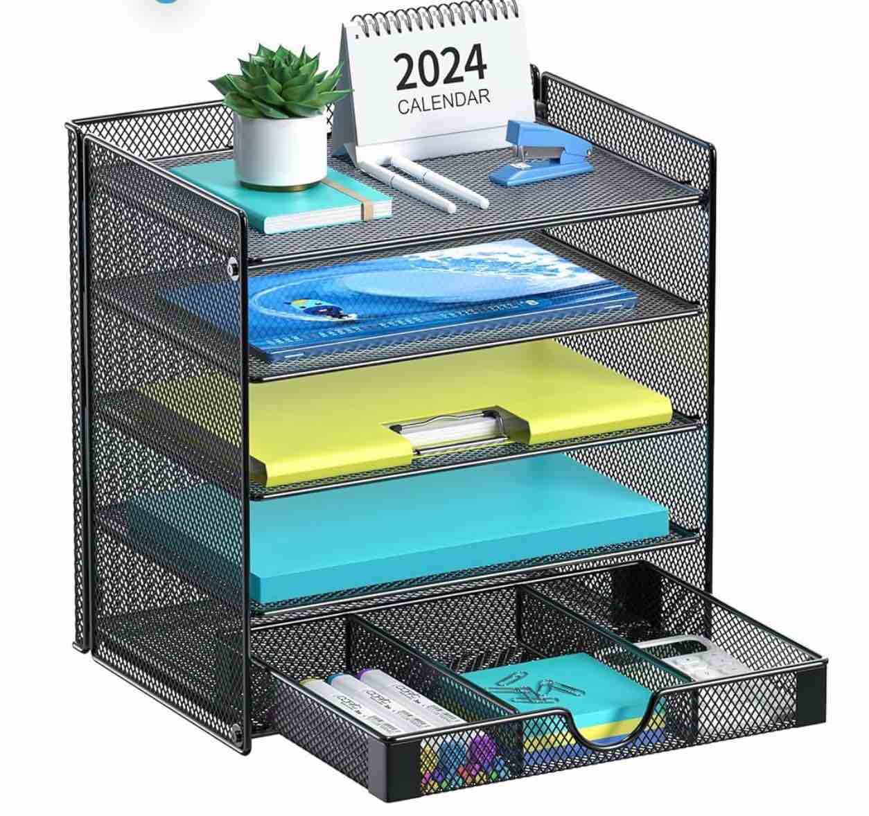 Desk Organizer 4 Tiers, Paper File Letter Organizer with Sliding Drawer, Mesh Sorting Organizer, Black, for Home Office School Classroom