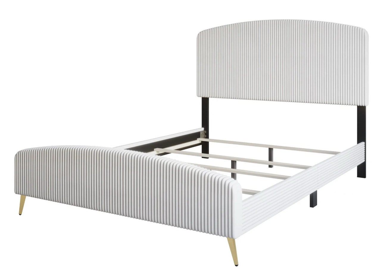 Home Design Everett King Upholstered Panel Bed Frame with Curve-Shaped Design Headboard for Adults, White, Easy Assembly