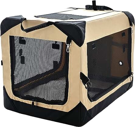 Pettycare 36 Inch Collapsible Dog Crate for Large Dogs, 4-Door Foldable Soft Dog Kennel with Chew Proof Mesh Windows, Indoor & Outdoor Travel Dog Crate, Soft Side Dog Crate,Beige