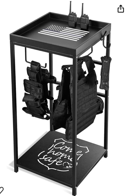 BUYYAH Police Gear Stand, Police Hanger, Tactical Duty Gear Rack with 3 Hooks, Free-Standing All Iron Frame Police Gift Decor with Flag, Black, Come Home Safe