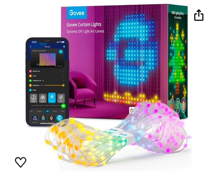 Govee Curtain Lights, WiFi Smart Curtain Lights LED, Color Changing Window Lights, Dynamic DIY Curtain String Lights for Bedroom Wall, Outdoor IP65 Waterproof, 5 x 6.6ft, 520 RGBIC LEDs