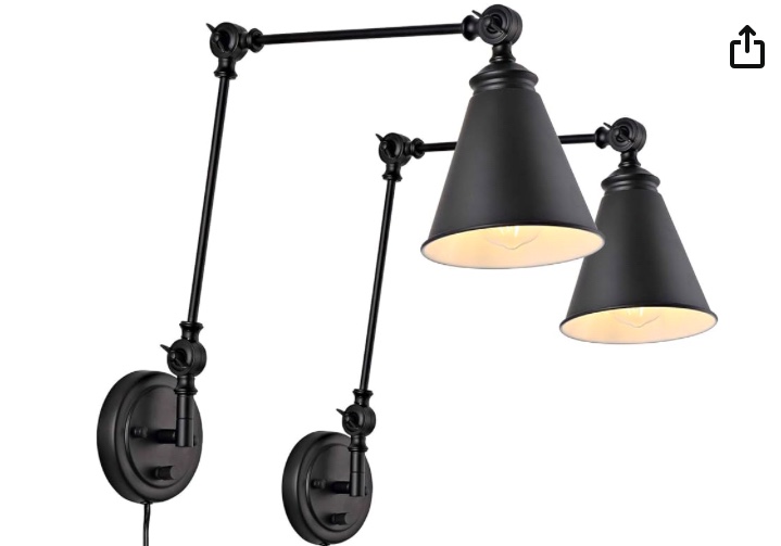 WINGBO Industrial Swing Arm Wall Lamp Set of 2, Farmhouse Style Black Wall Sconce Lighting, Adjustable Plug in/Hardwired Two-Way, for Living Room Bedroom Vanity Study Desk Office