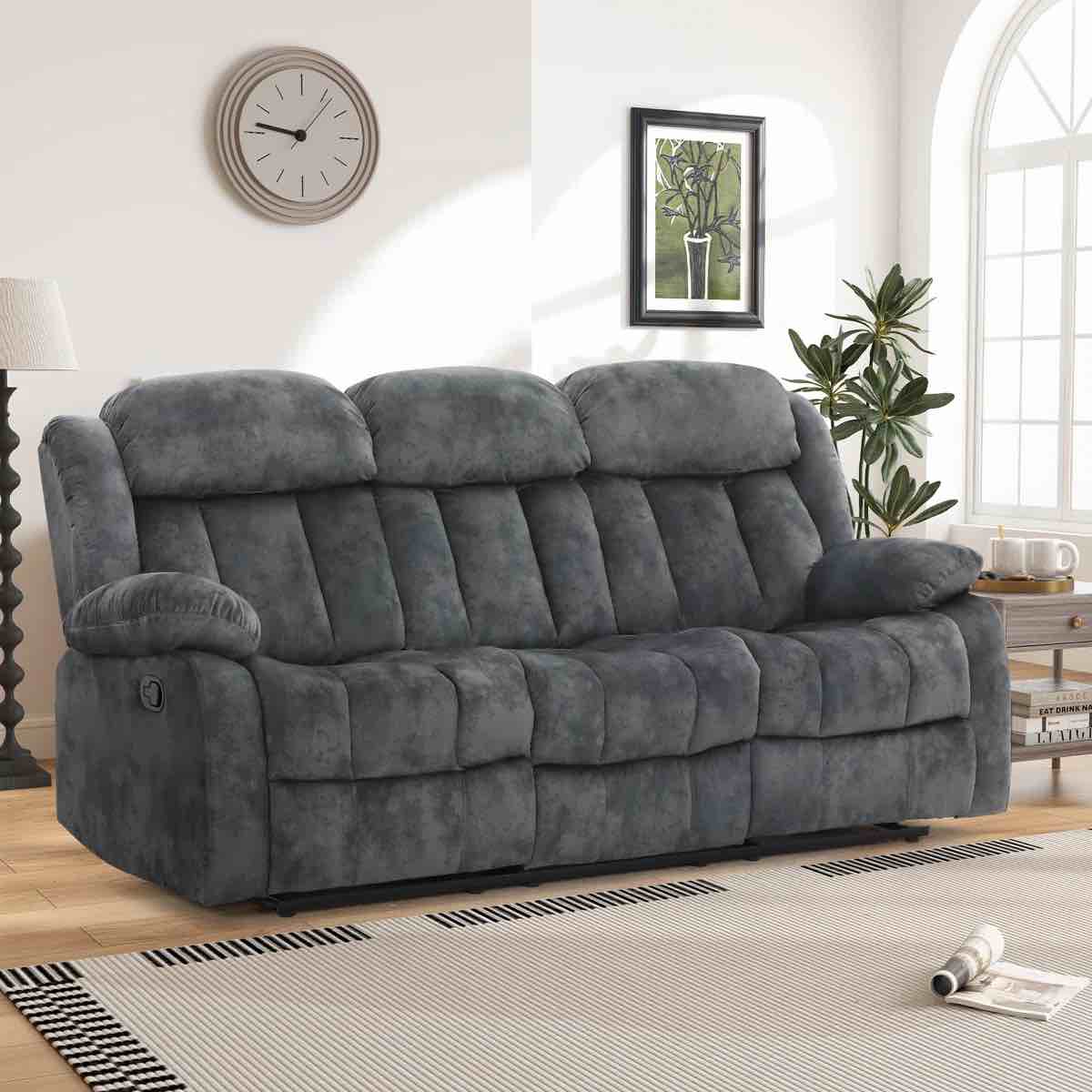 Oxier 84'' Wide Microsuede Manual Reclining Sofa, 3-Seater Recliner Couch with Skin-Friendly Upholstery