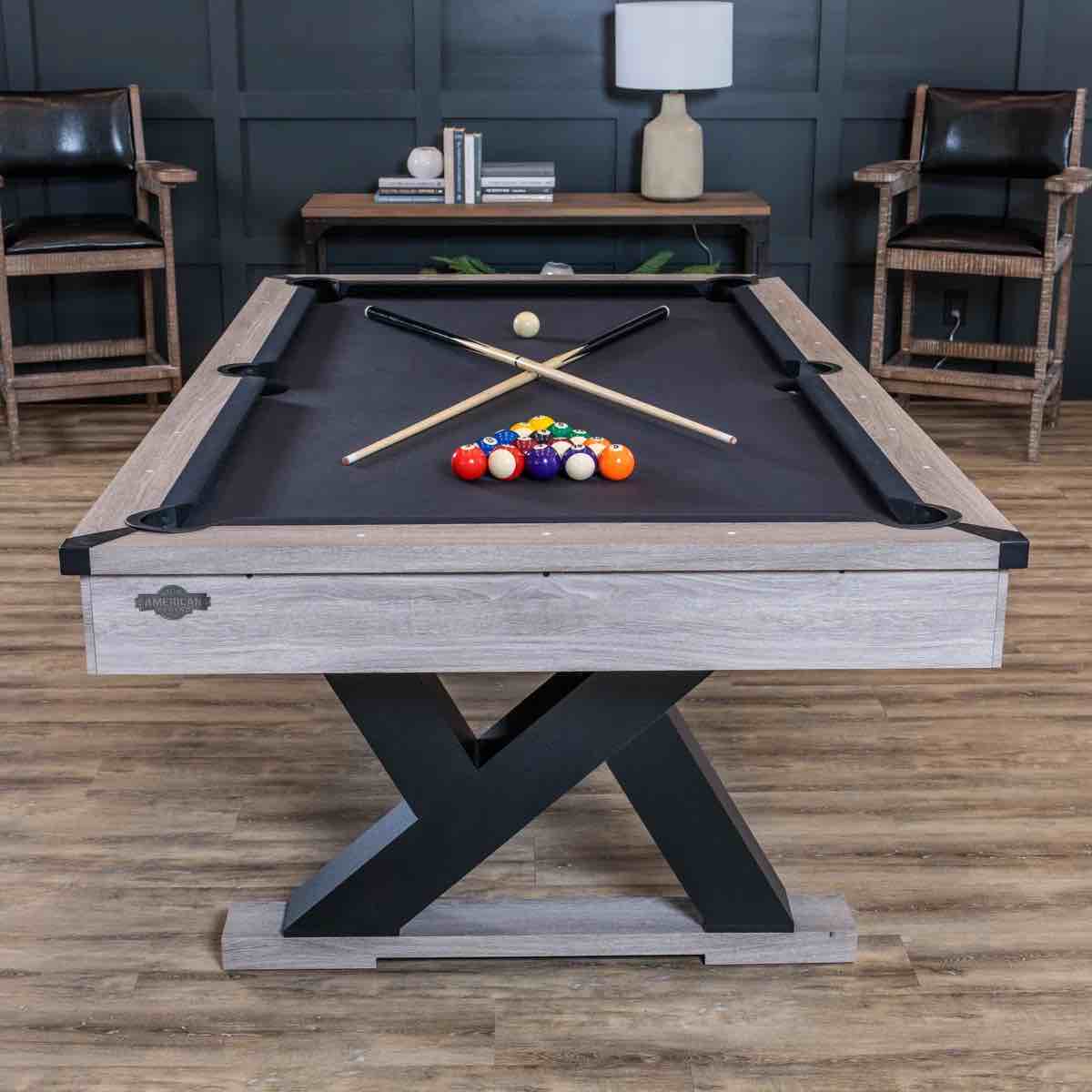 American Legend Kirkwood 90” Billiard Table with Rustic Finish, K-Shaped Legs and Black Cloth