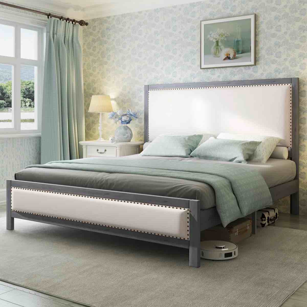 Solid Wood Platform Bed with Linen & Nailhead Trim