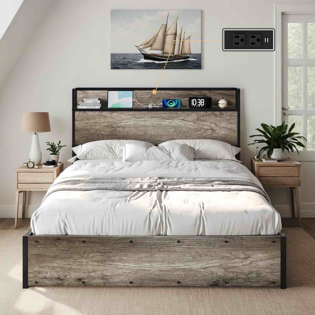 Shila Lift Up Storage Queen Bed Frame & Charging Station, Rustic Gray