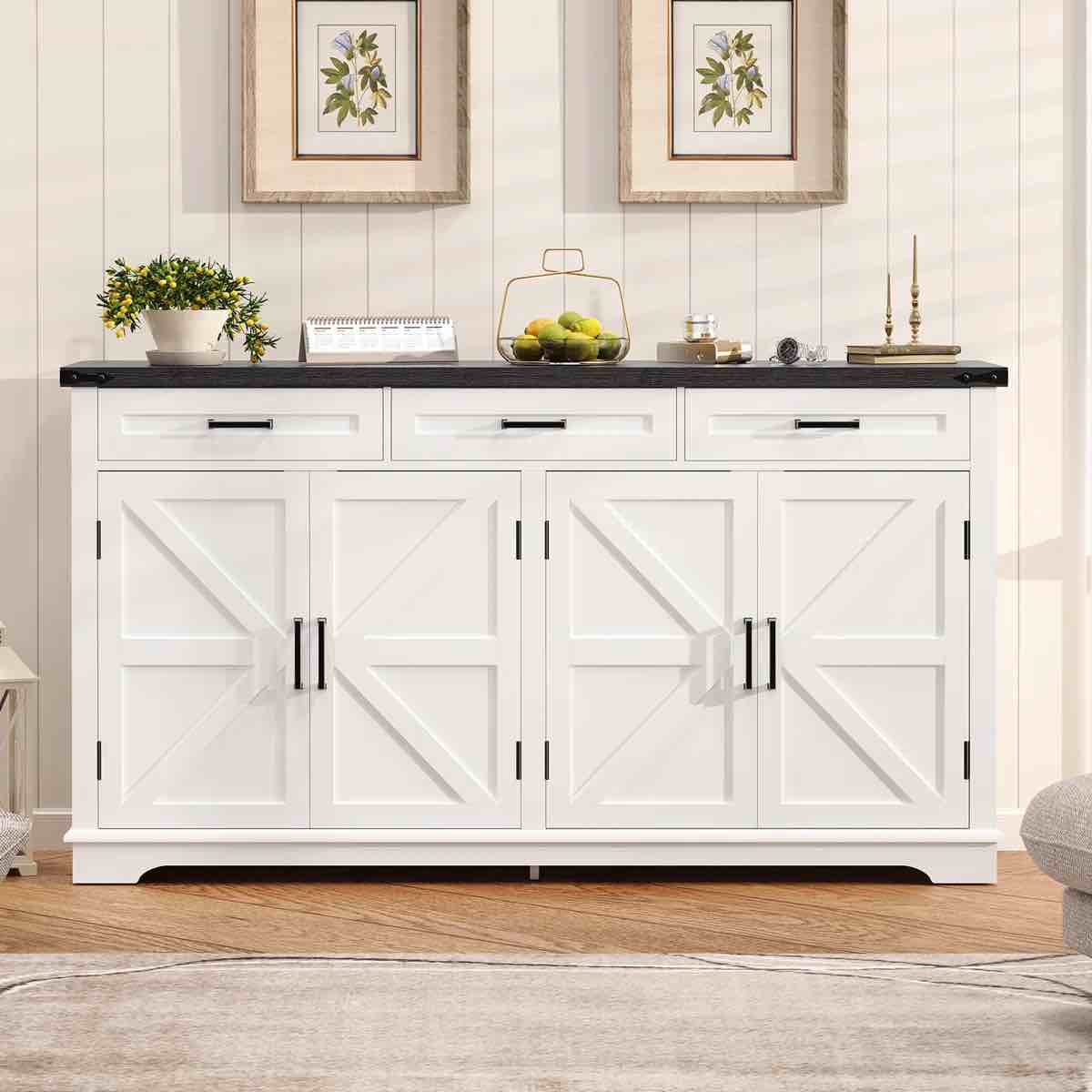 63" Large Buffet Cabinet with 4 Doors and 3 Drawers, Farmhouse Buffet Sideboard Cabinet with Storage, Coffee Bar Wine Bar for Living Room