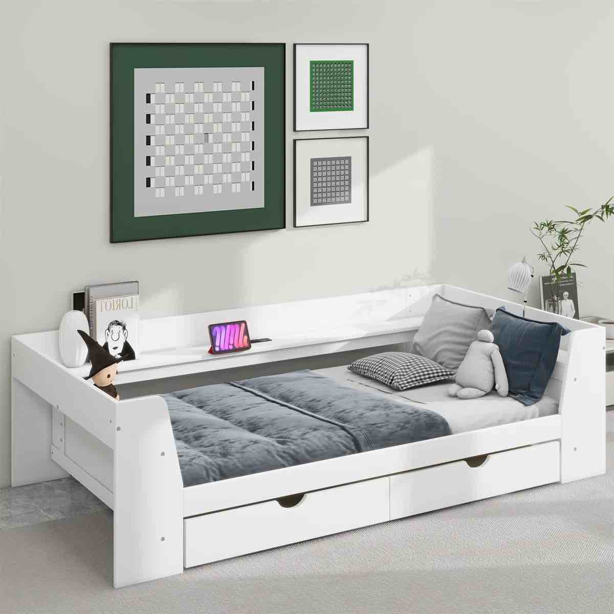 Aiham Twin Wooden bed with Shelves, Drawers and Built-In Charging Station