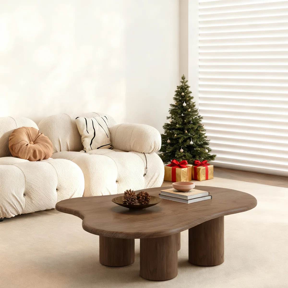 47.26'' Cloud Shape Coffee Table, Brown Wood Coffee Table with 4 Cylindrical Legs