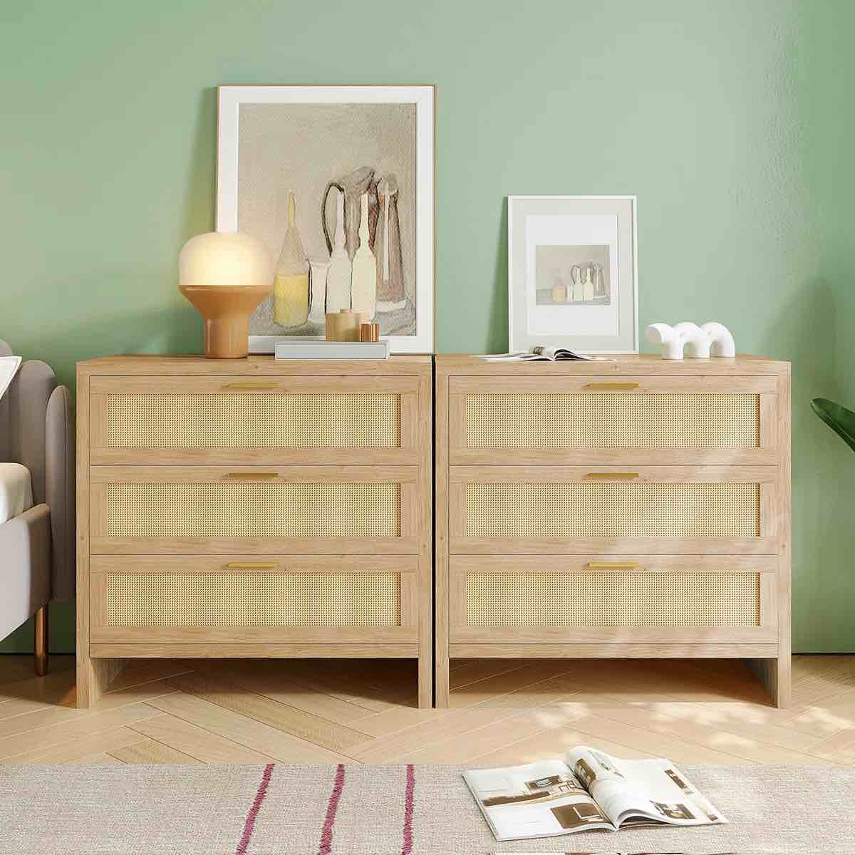 31.5" W Rattan Drawers Dresser, Chest of 3 Drawers, Natural Wood Color, for Bedroom, Hallway, Living Room