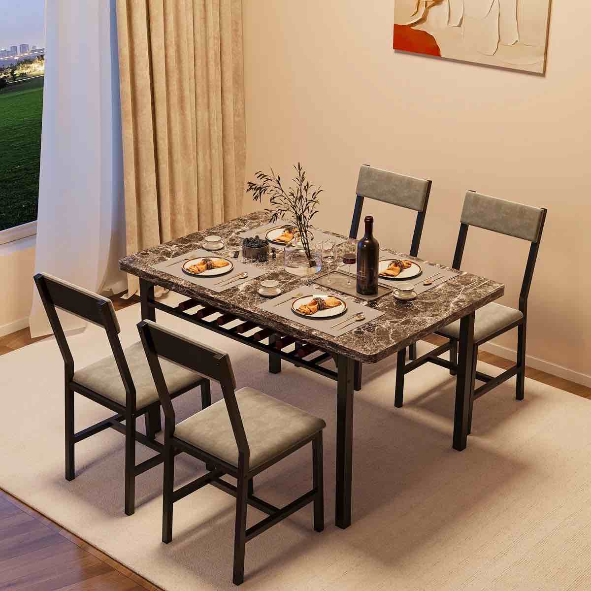 5-Piece Faux Marble Top Dining Set With Under-table Storage, Minimalist Dining Table Set With Cushioned Chairs For 4-person For Kitchen, Home Bar And Patio, Space-saving