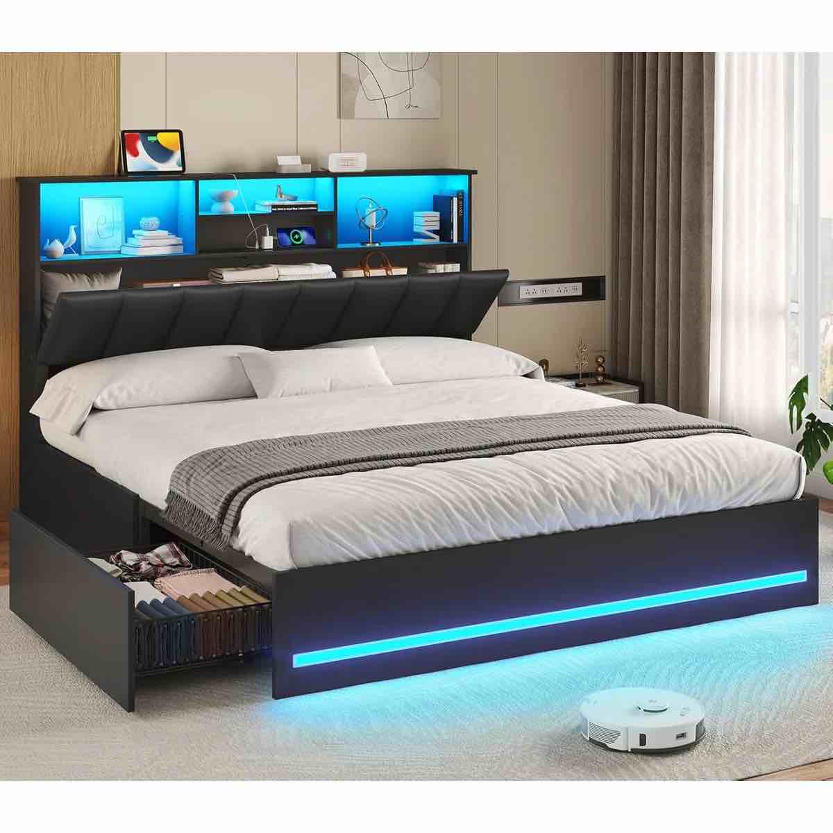Upholstered Platform Bed Frame Full Size with Charging Station, 4 Drawers and LED Lights, Heavy Duty, No Box Spring Needed