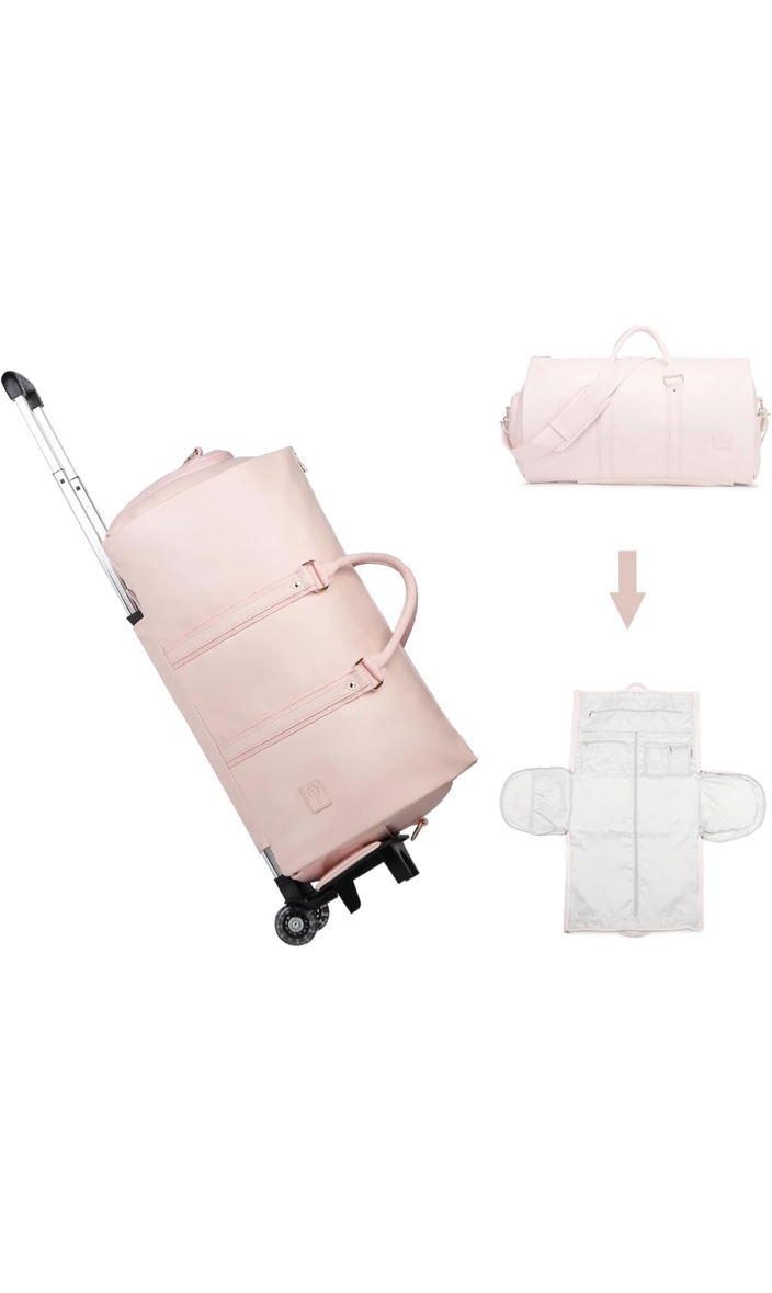 seyfocnia Rolling Garment Bag,Convertible Wheeled Garment Bag with Shoe Compartment for Travel Overnight Carry On Duffle Bag-Pink