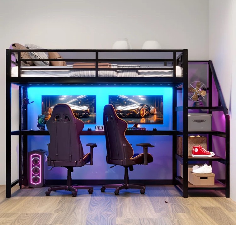 Full Loft Bed With Led Lights, Built-in Desk & Storage Stairs | Multifunctional Metal Loft Bed Frame With Usb Ports, Iron Nets | No Box Spring Needed, Noise-free Design, Black ( similar in stock) ( 2 Boxes TOTAL)