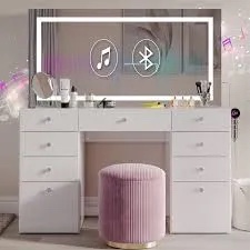 Lydia Extra-Large Makeup Vanity With Bluetooth Speakers And LED Mirror