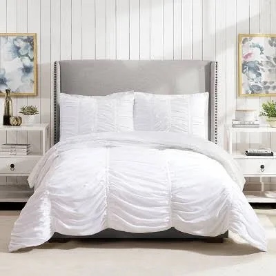 Modern Heirloom Emily Texture (White) 3-Piece Comforter Set, Ruched All Seasons Bedding, Machine Washable - Full Queen Size