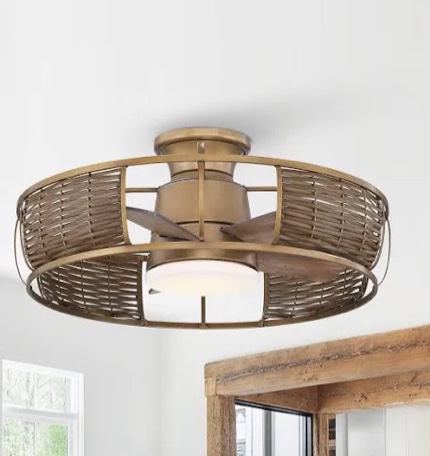 26.7 in. Flush Mount Indoor Natural Brass Low Profile Caged Ceiling Fan with Soft White Integrated LED and Remote