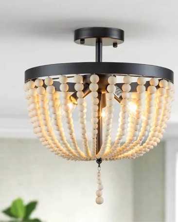 C Cattleya 3-Light Black Finish Natural Wood Beaded Semi Flush Mount
