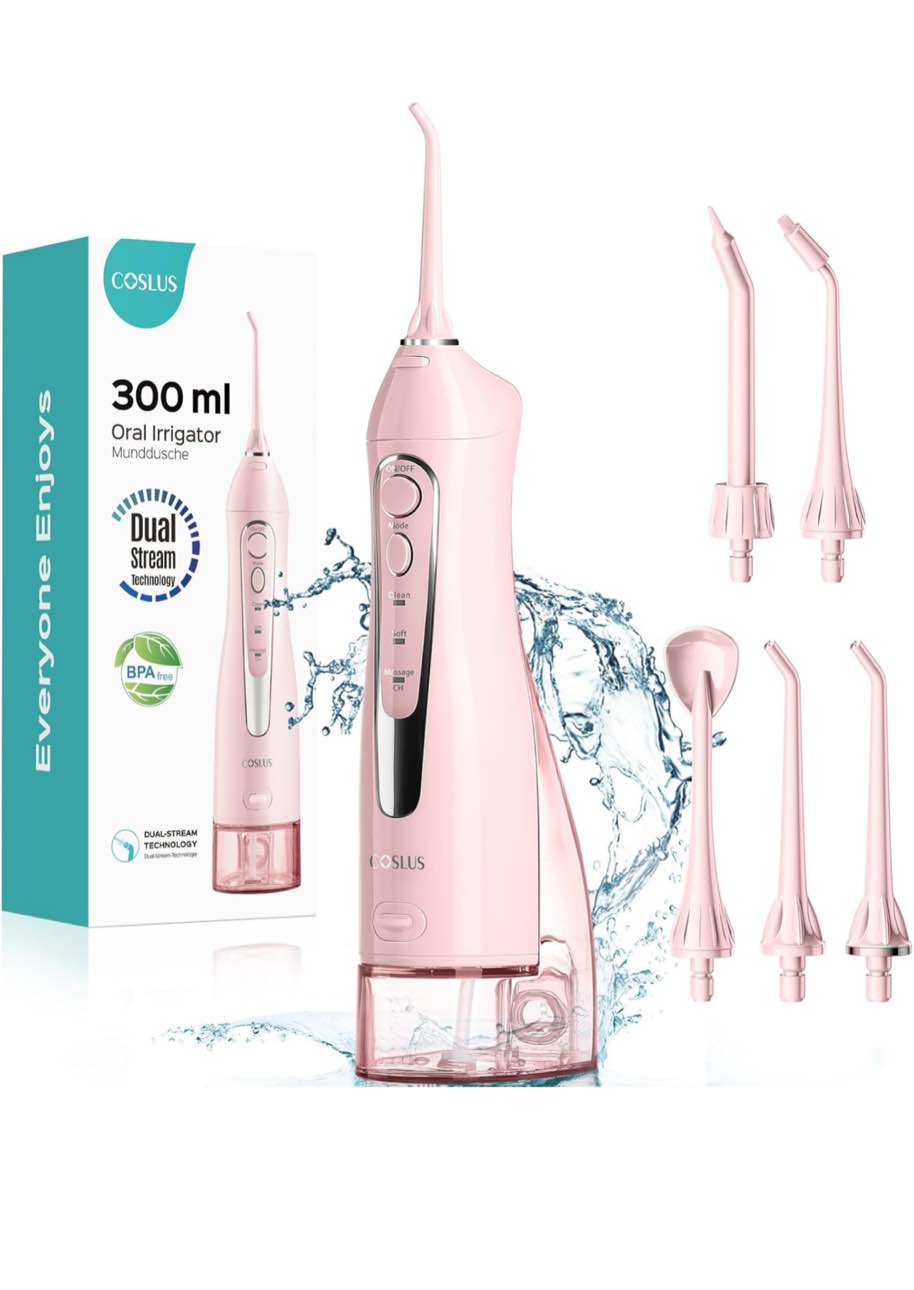 COSLUS Water Dental Flosser Teeth Pick: Portable Cordless Oral Irrigator 300ML Rechargeable Travel Irrigation Cleaner IPX7 Waterproof Electric Flossing Machine for Teeth Cleaning C20(F5020E) Pink