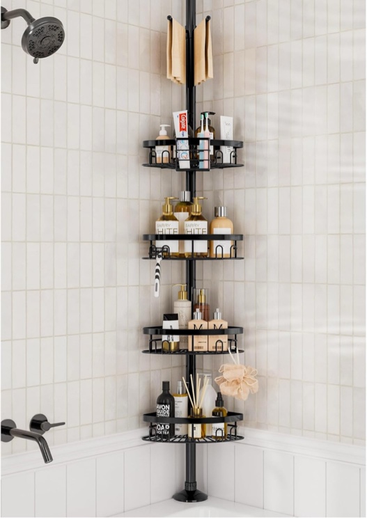 cutefafa Rustproof Corner Shower Caddy Tension Pole, 4 Large Baskets for Bathtub Shampoo Storage Organizer Bathroom Height Adjustable Shelves from 23.6 to 114.5 Inch with Towel Bar