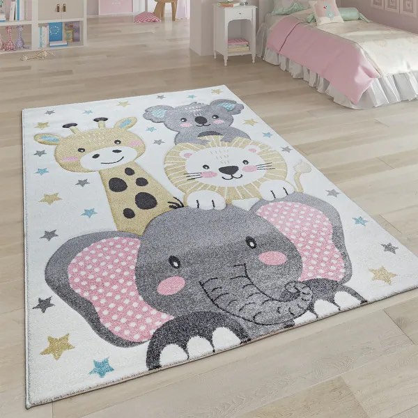 Kids Rug for Nursery Cute Animals in Cream Pastel Colors - 2'8" x 4'11"