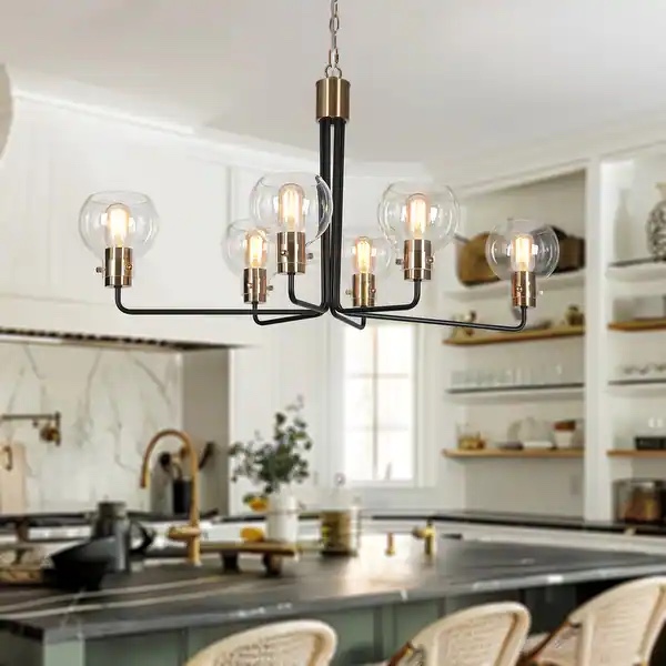 Modern 6-Light Black Gold Wheel Chandeliers Globe Glass Pendant Light for Dining Room - Black and Brass