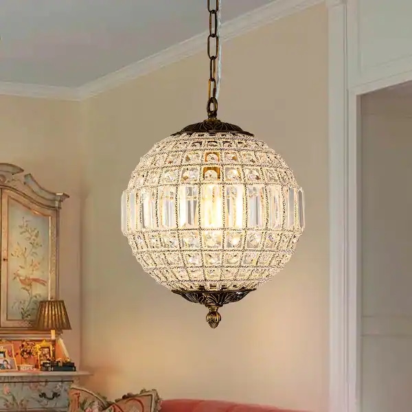 1/3/5-Light Retro French Crystal Globe Chandelier - 1-Light 11.8 in W - Antique Brass