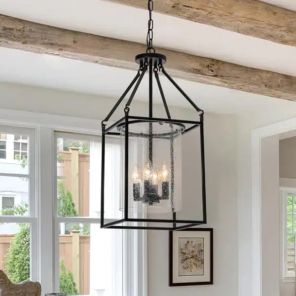 Farmhouse Dimmable Lantern Glass Drum Chandelier for Kitchen Island Foyer - W 11.6"