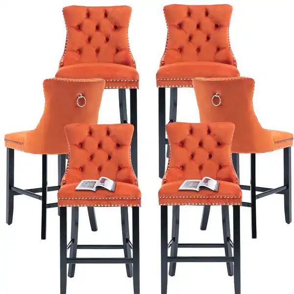 Sold as a set!!! 3 boxes!! Contemporary Upholstered Velvet Barstools with Button Tufted Set of 6 - Set of 6 - Orange