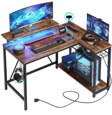 Bestier Small L Shaped Desk with Charging Port & LED Strip,Modern Computer Desk with Reversible Storage Shelves,Corner Desk with Hooks for Bedroom Office Studio Workstation,Rustic Brown