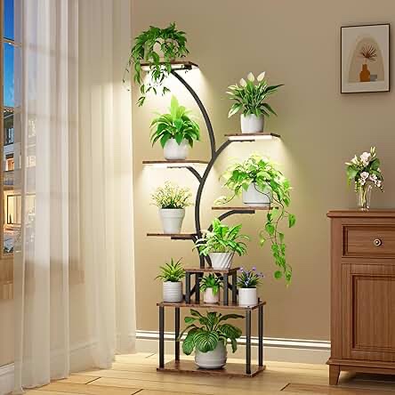 Plant Stand Indoor with Grow Lights, 8 Tiered Indoor Plant Shelf, 62" Tall Plant Stand for Indoor Plants Multiple, Metal Plant Flower Holder Stand, S-Shaped Plant Rack for Home, Patio (Black)