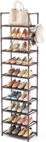 LANTEFUL 10 Tiers Tall Shoe Rack 20-25 Pairs Shoe and Boots Organizer Storage Sturdy Shoe Shelf, Narrow Shoe Rack for Entryway, Black Shoe Organizer for Closets with Hooks